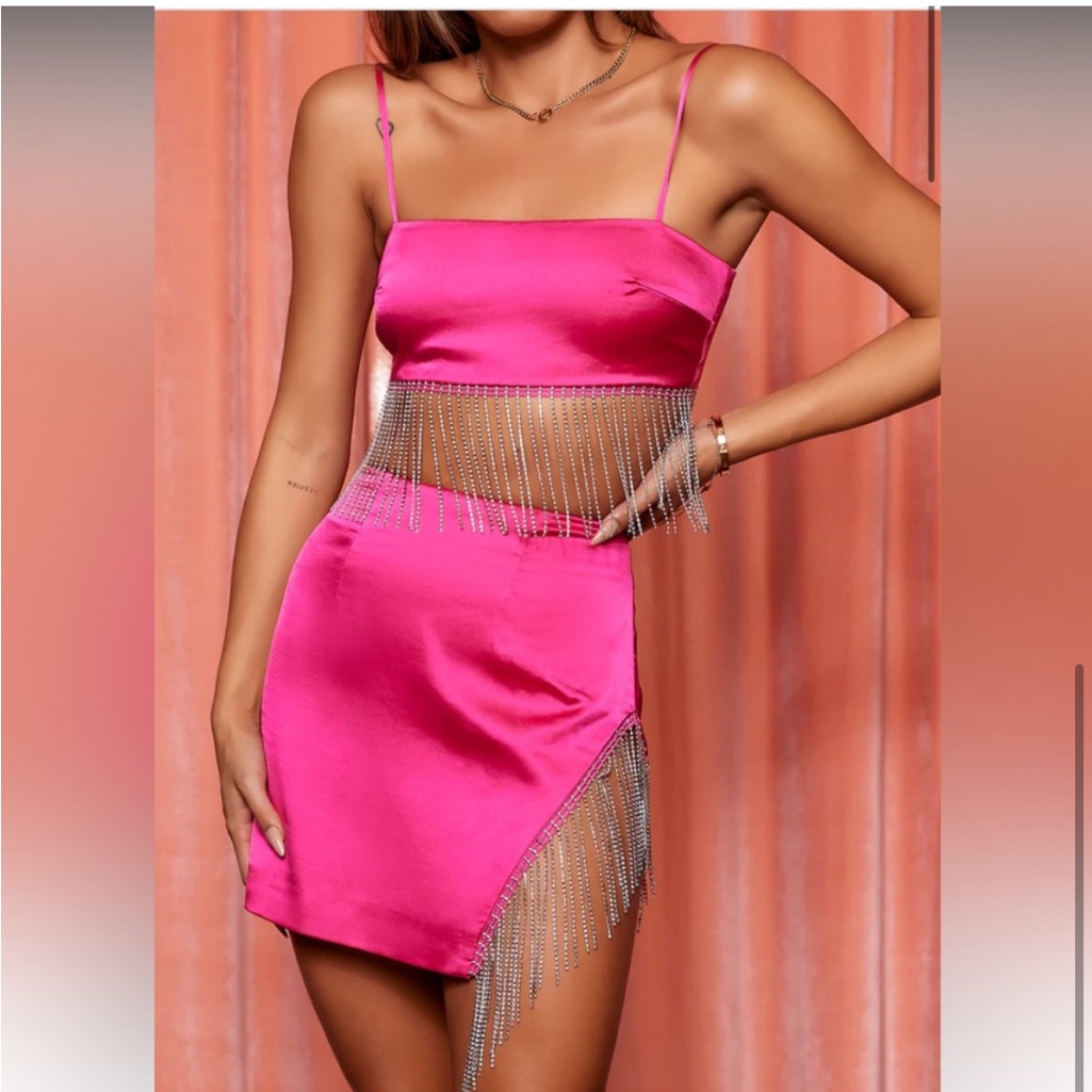 Hello Molly Hot Pink Satin Fringe Two-Piece Skirt Set